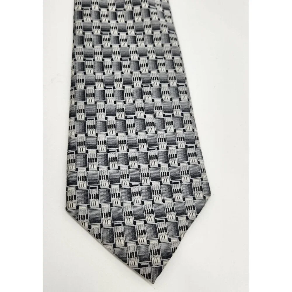 Stafford Mens Necktie Tie Silk Geometric Black Silver Gray‎ EUC